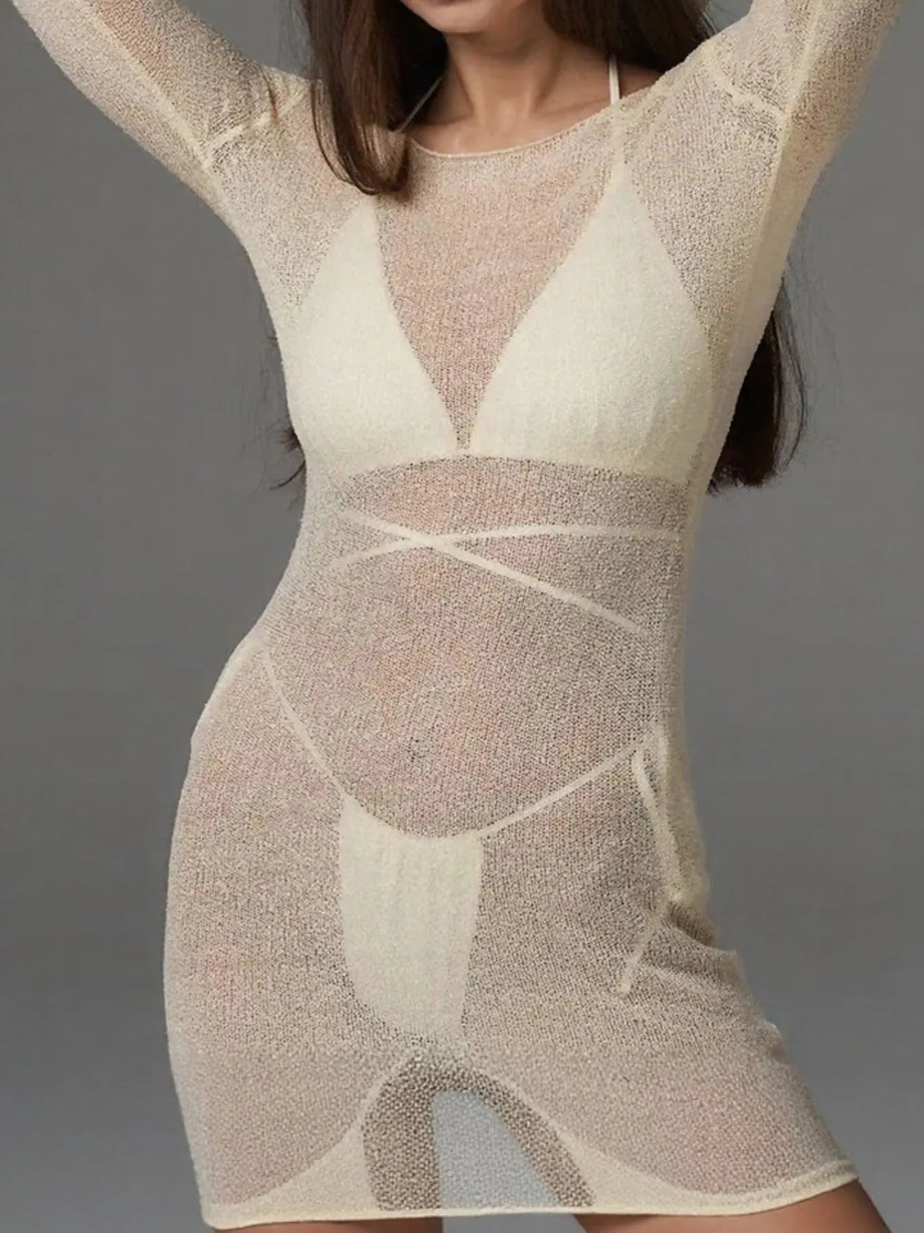 Beige Sheer Backless Long Sleeve Mini Cover-Up Dress