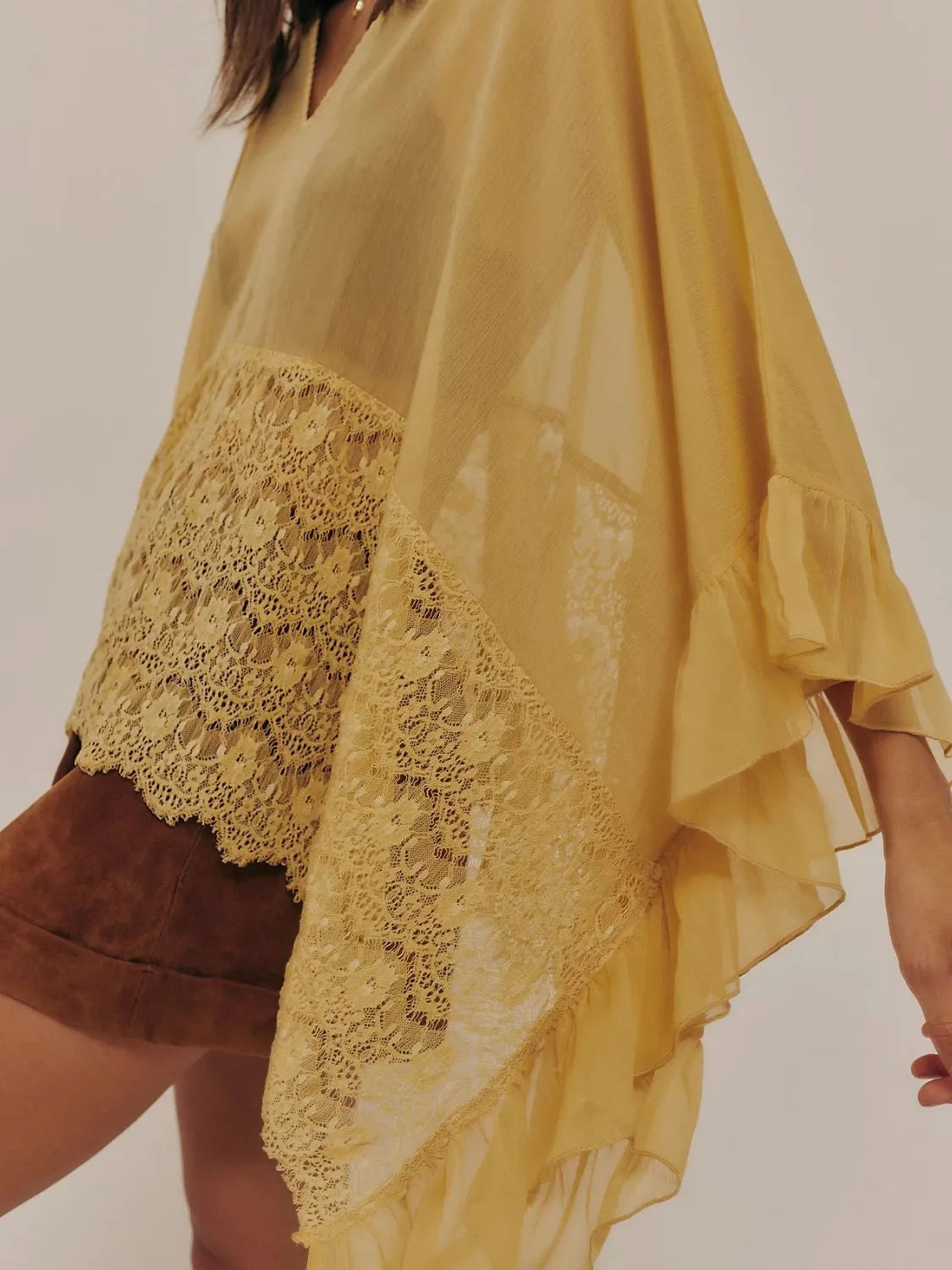 Mustard Lace V-Neck Ruffle Long Sleeve Cover-Up