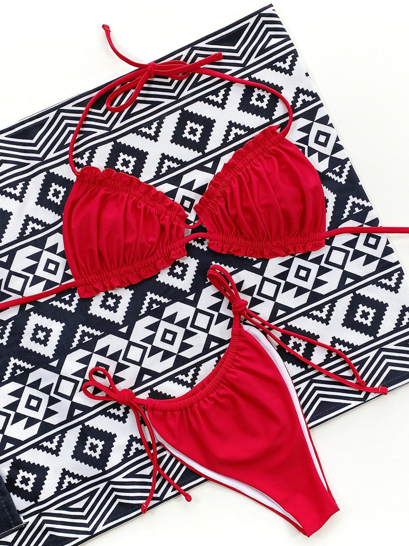 Red Frill Trill Halter Neck Bikini Set