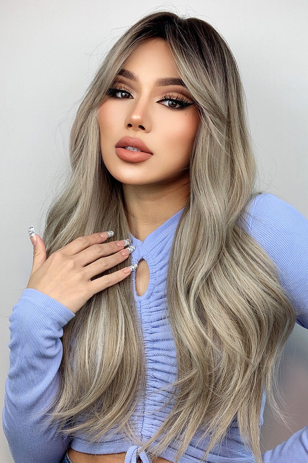 Ash Blonde Balayage Full Machine Long Wave Wigs 26''