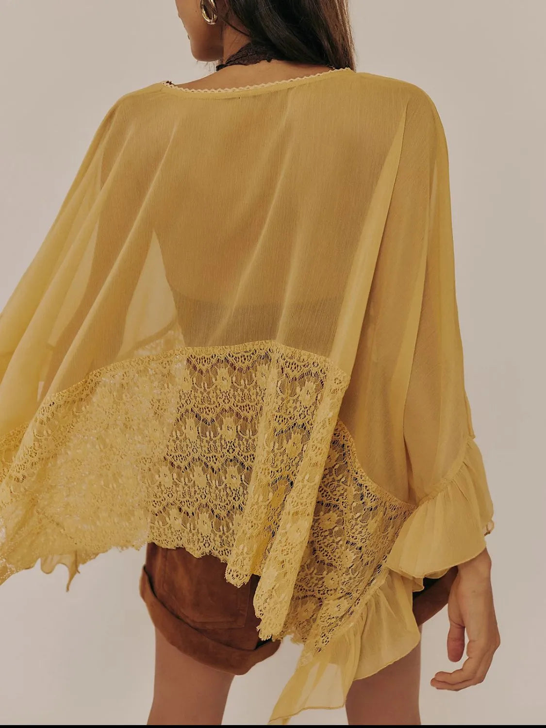 Mustard Lace V-Neck Ruffle Long Sleeve Cover-Up