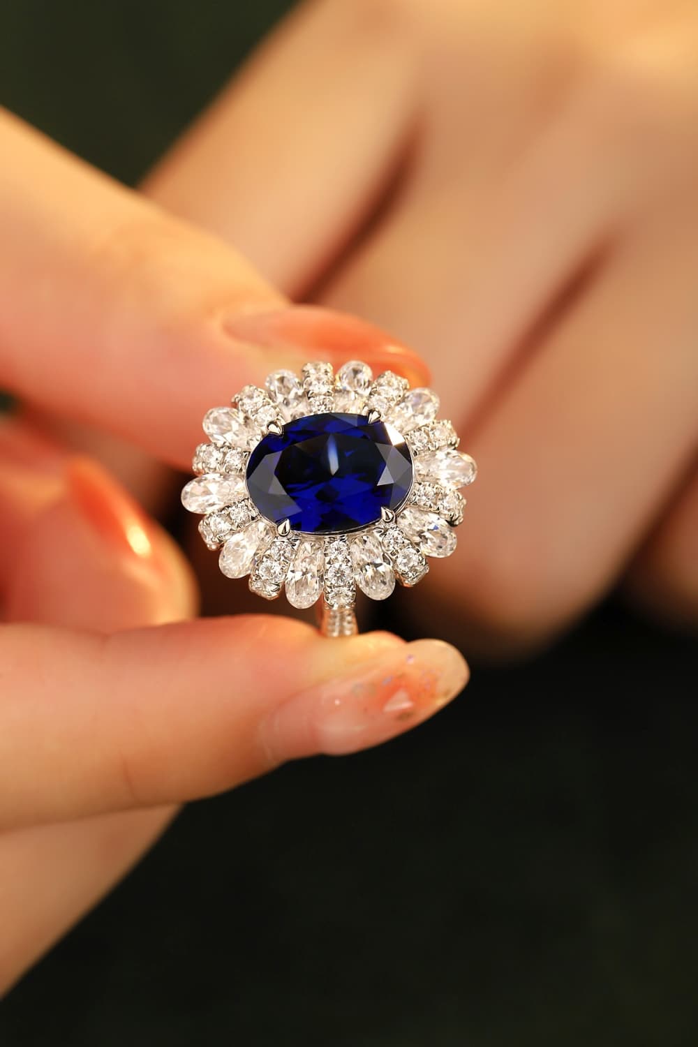 5 Carat Lab-Grown Sapphire Flower Shape Ring hand display