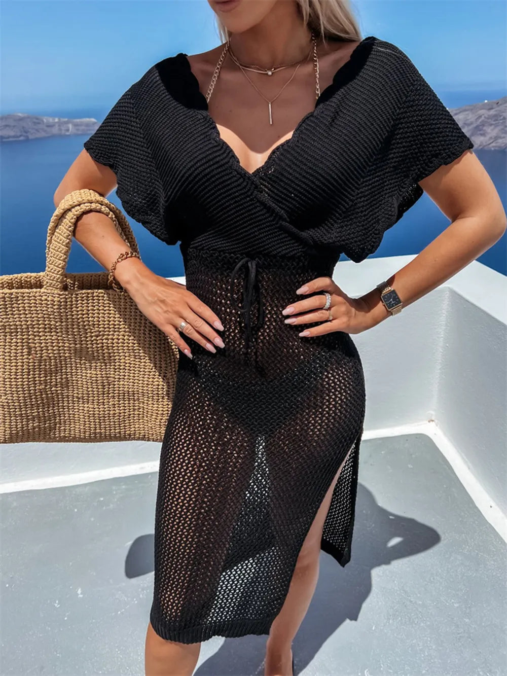 Black Slit Surplice Cap Sleeve Cover Up