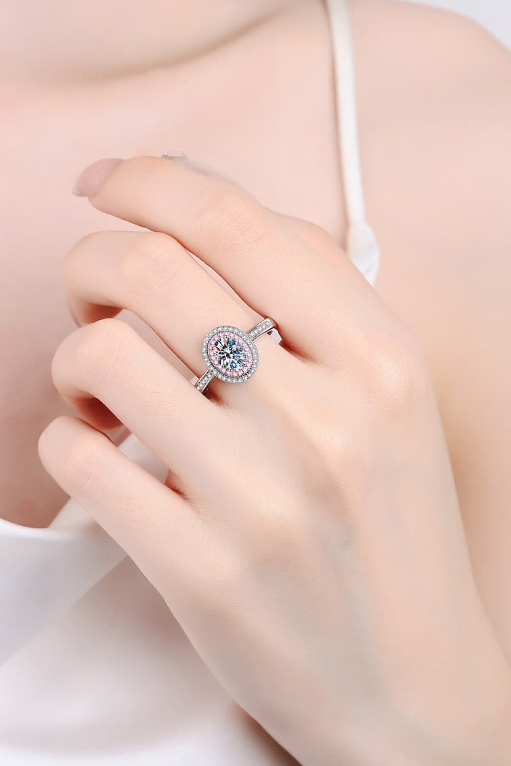 1 Carat Moissanite Sterling Silver Halo Ring on finger