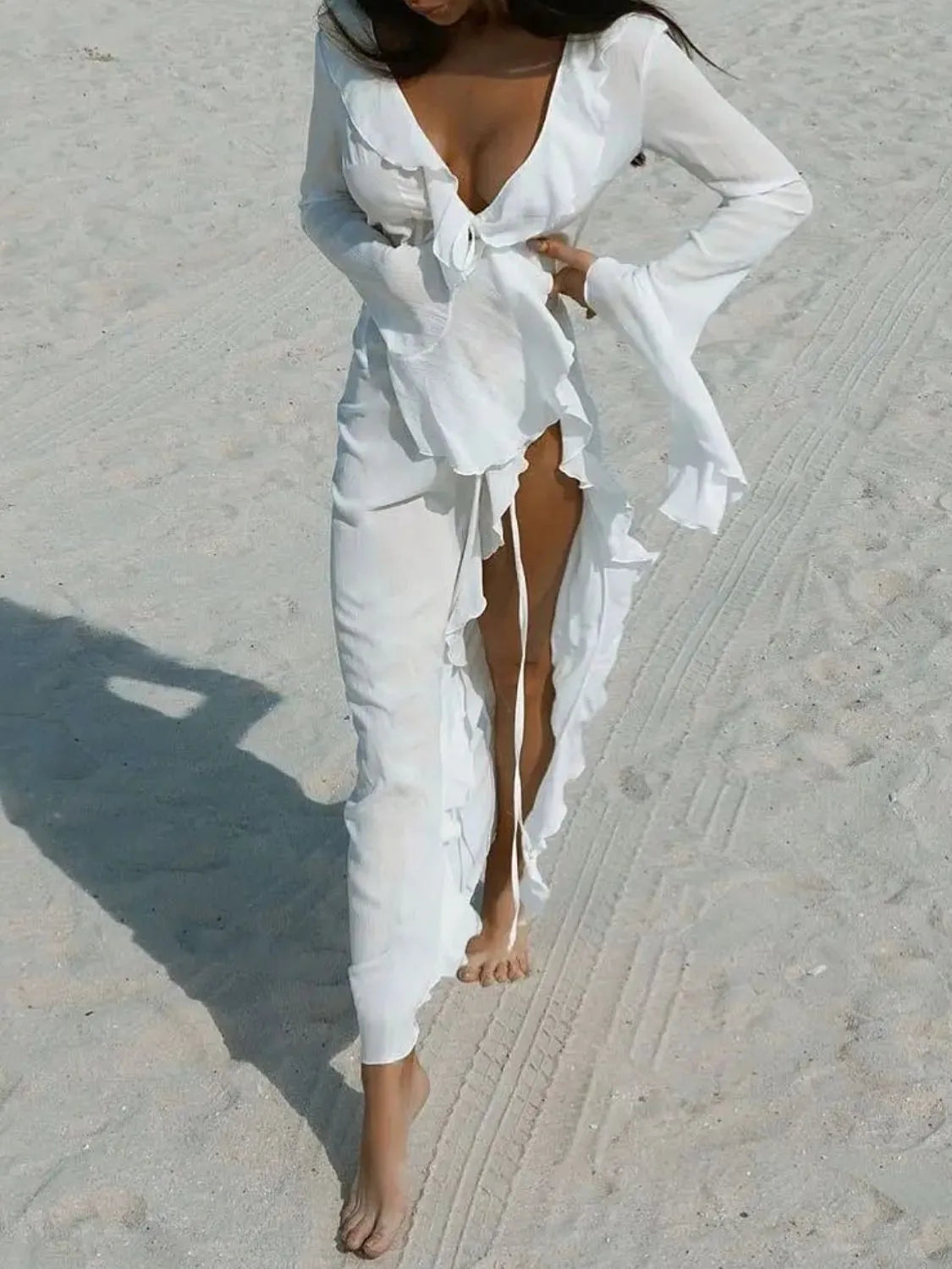 White Ruffled Long Sleeve Cover-Up Dress