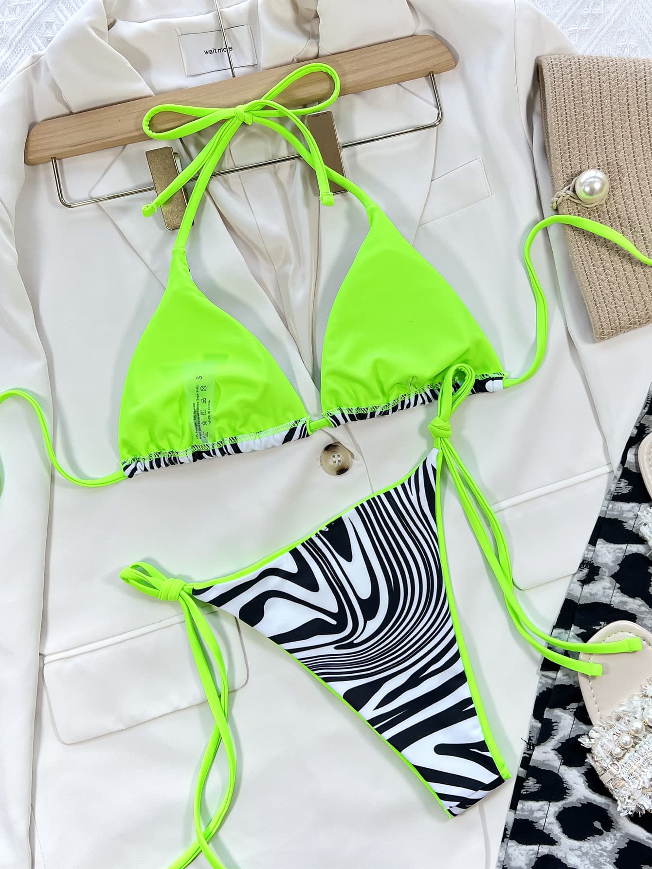 Neon Green Zebra Print Halter Neck Bikini Set