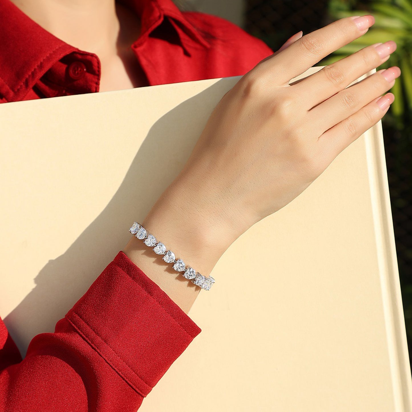 24 Carat Moissanite Sterling Silver Heart Bracelet on wrist