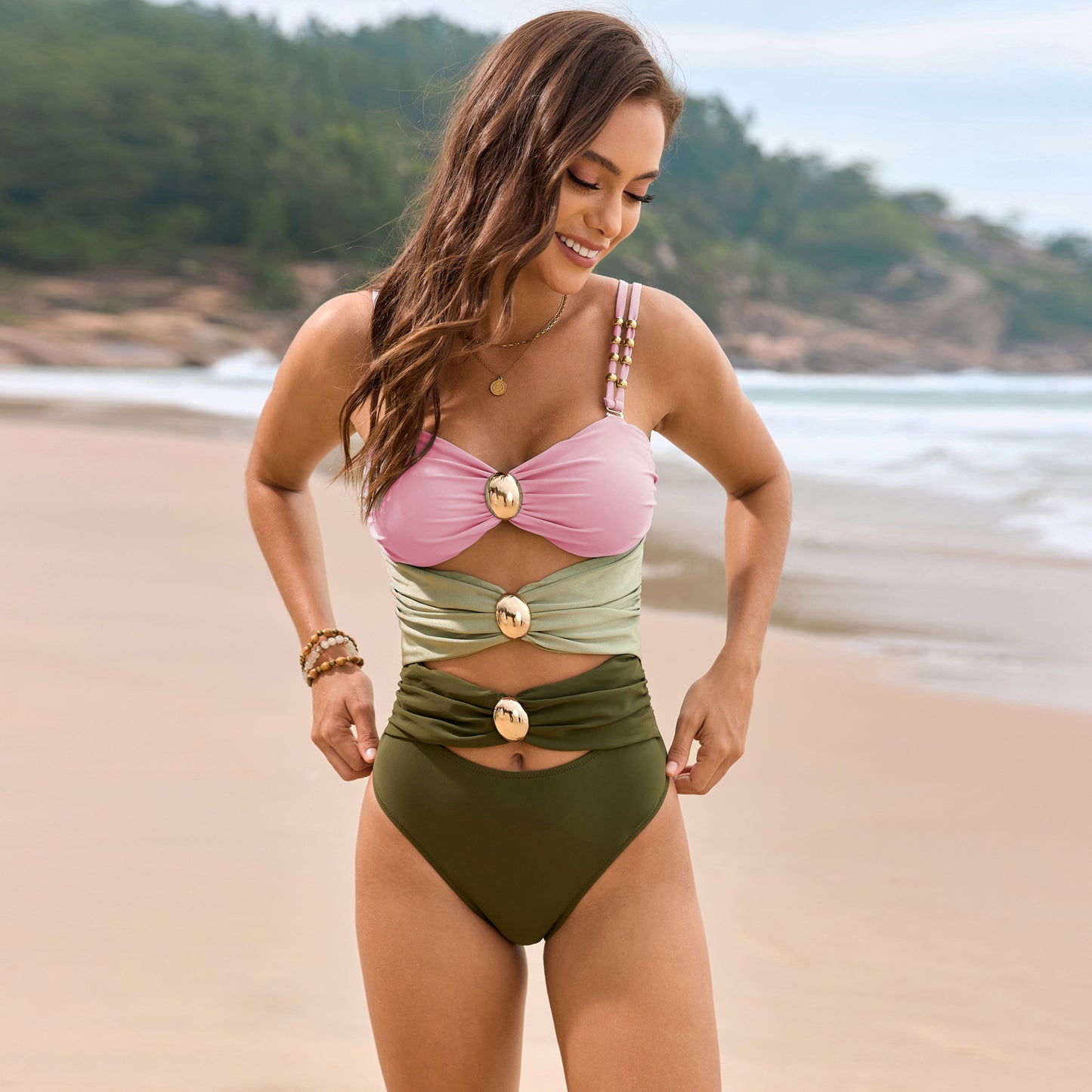 Pink Color Block Sweetheart Neck One-Piece Swimwear