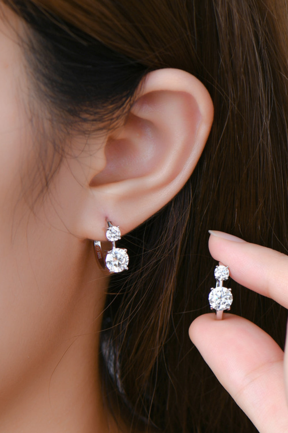 1.3 Carat Moissanite Sterling Silver Earrings on ears