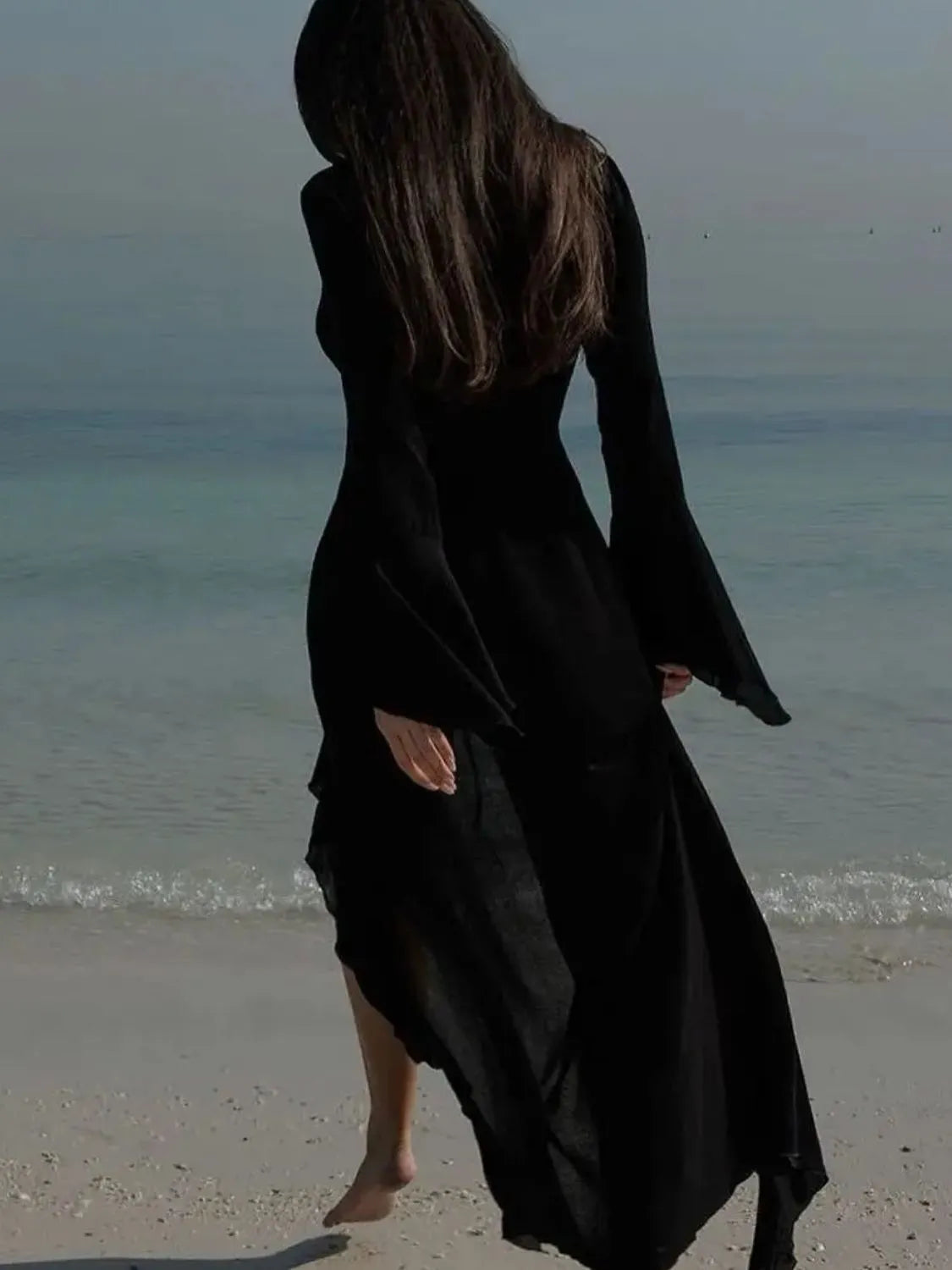 Black Ruffled Long Sleeve Cover-Up Dress