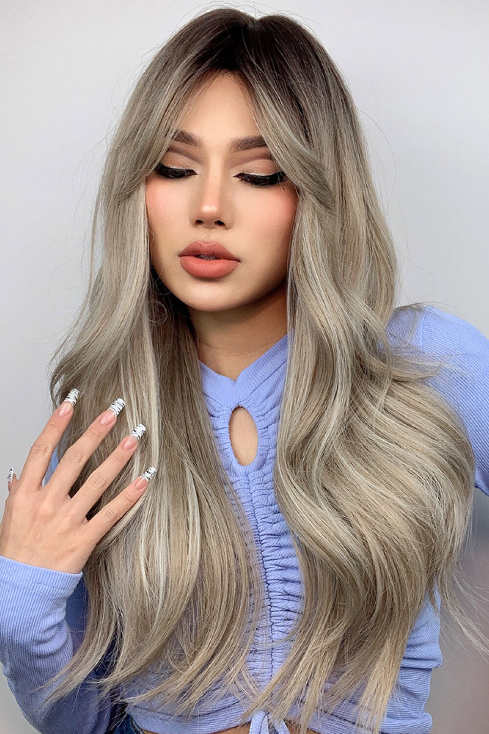 Ash Blonde Balayage Full Machine Long Wave Wigs 26''