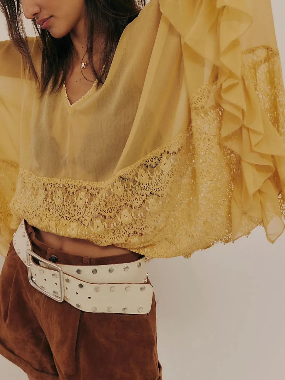 Mustard Lace V-Neck Ruffle Long Sleeve Cover-Up