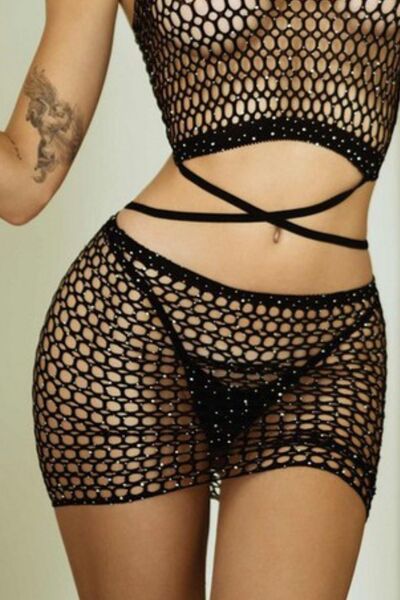 Rhinestone Fishing Net Crisscross Two-Piece Lingerie Set