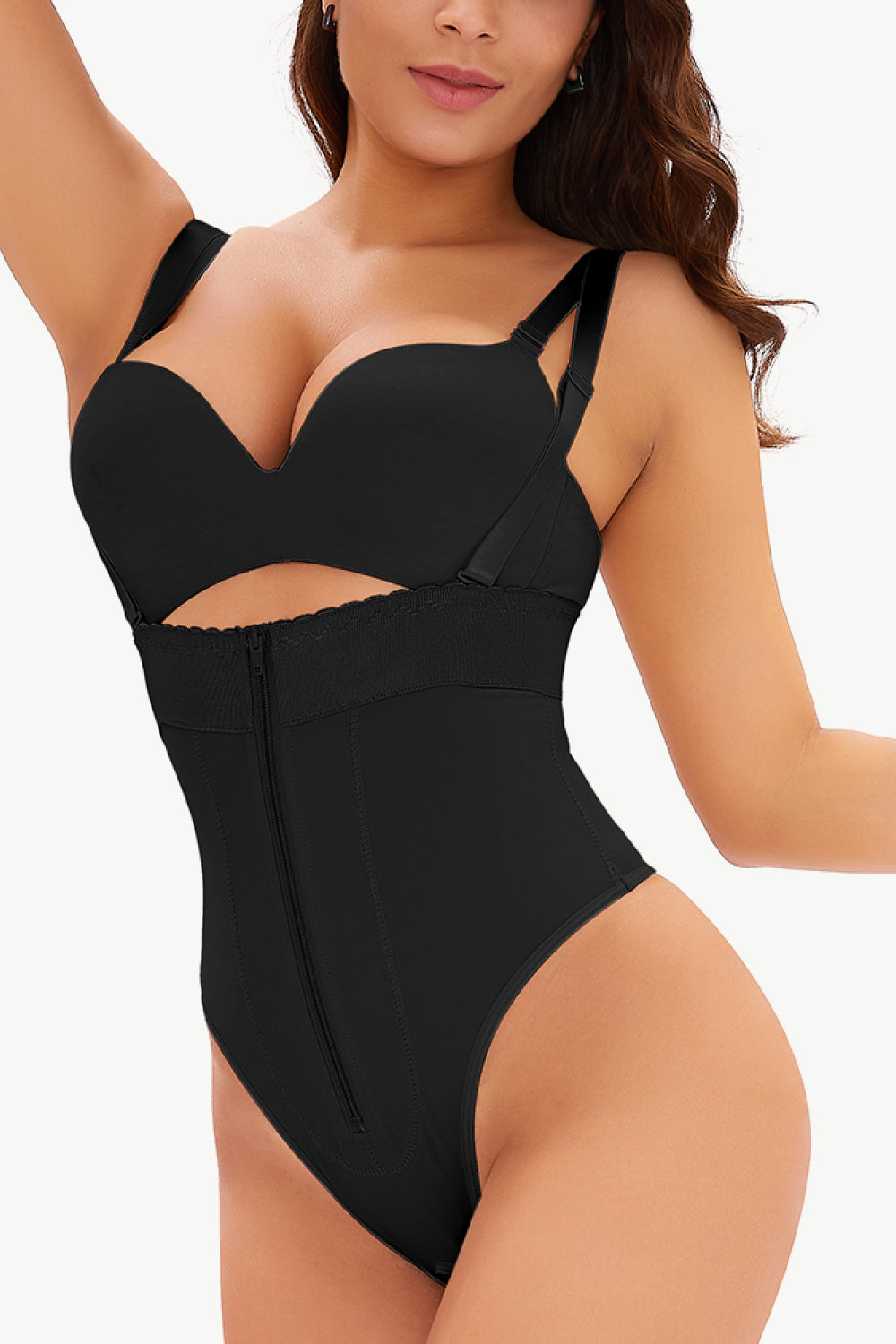 Black Full Size Adjustable Strap Zip-Up Shaping Bodysuit