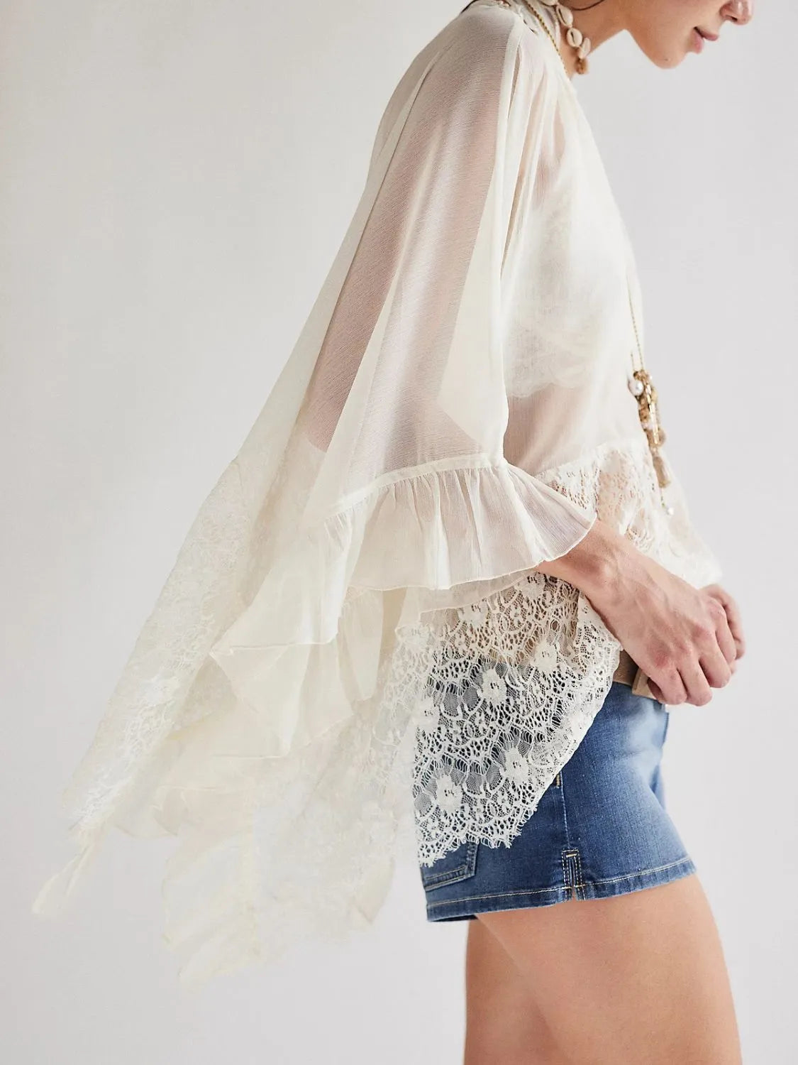 White Lace V-Neck Ruffle Long Sleeve Cover-Up