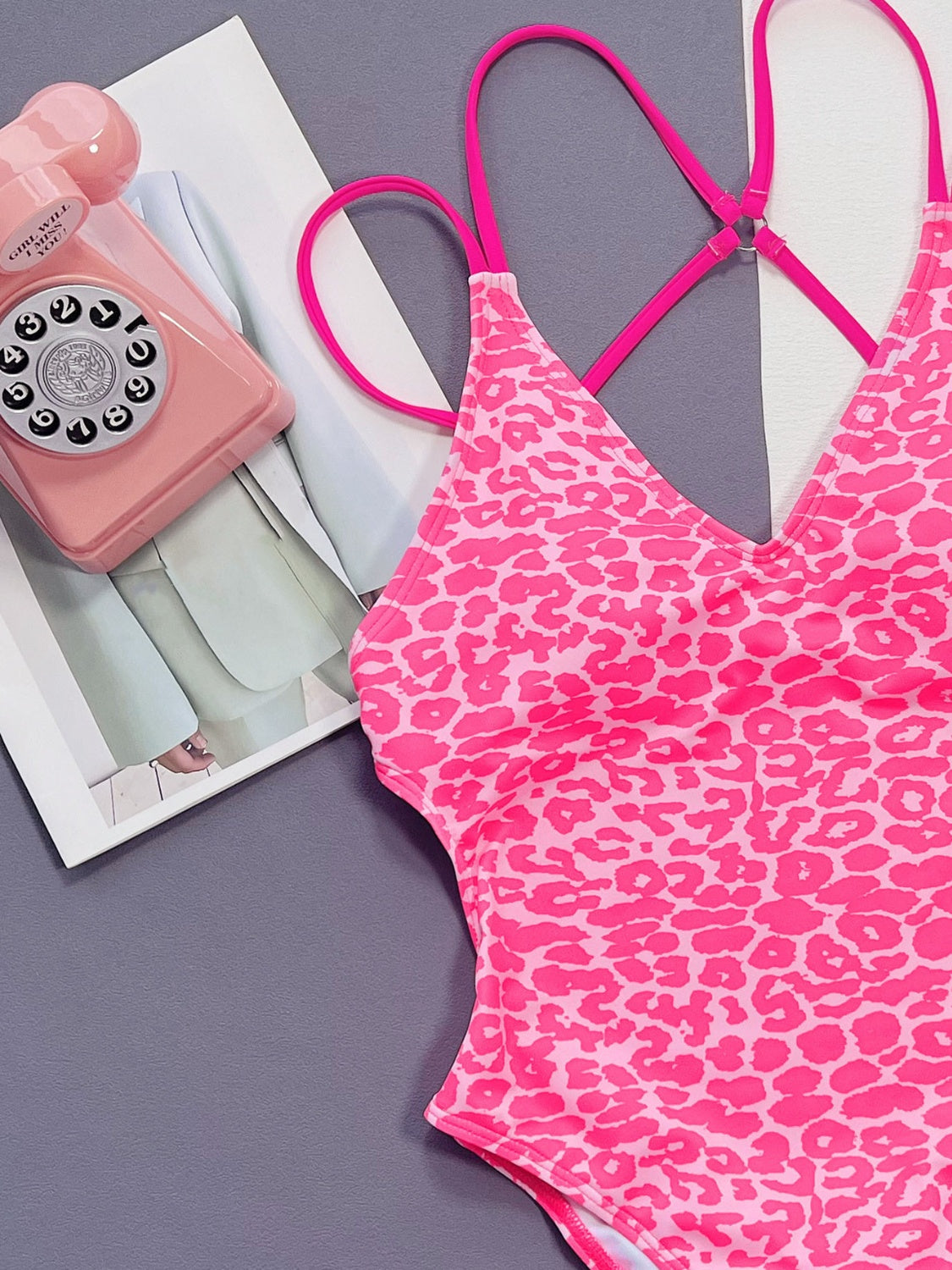 Pink Leopard Plunge Spaghetti Strap One-Piece Swimwear