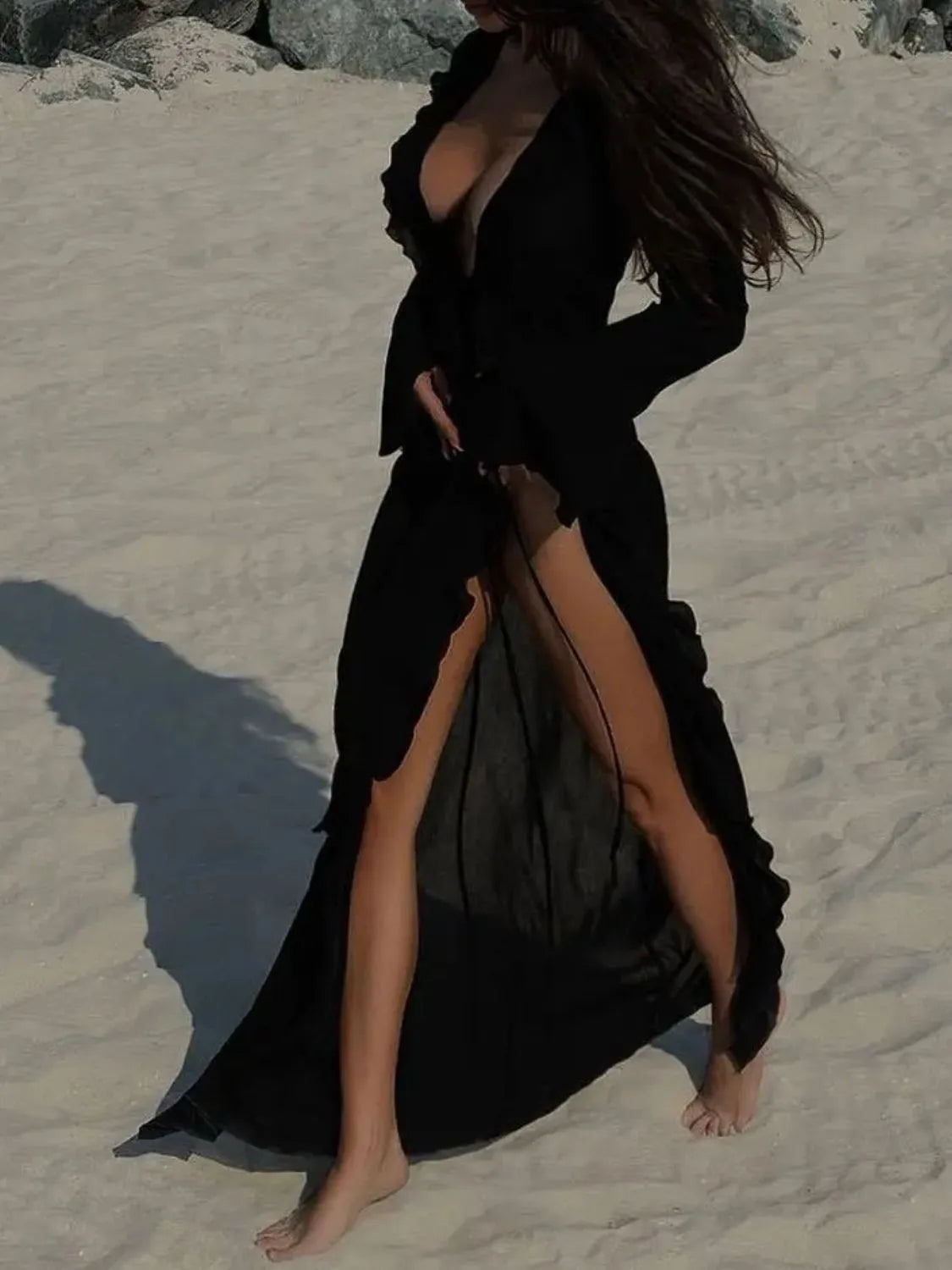 Black Ruffled Long Sleeve Cover-Up Dress