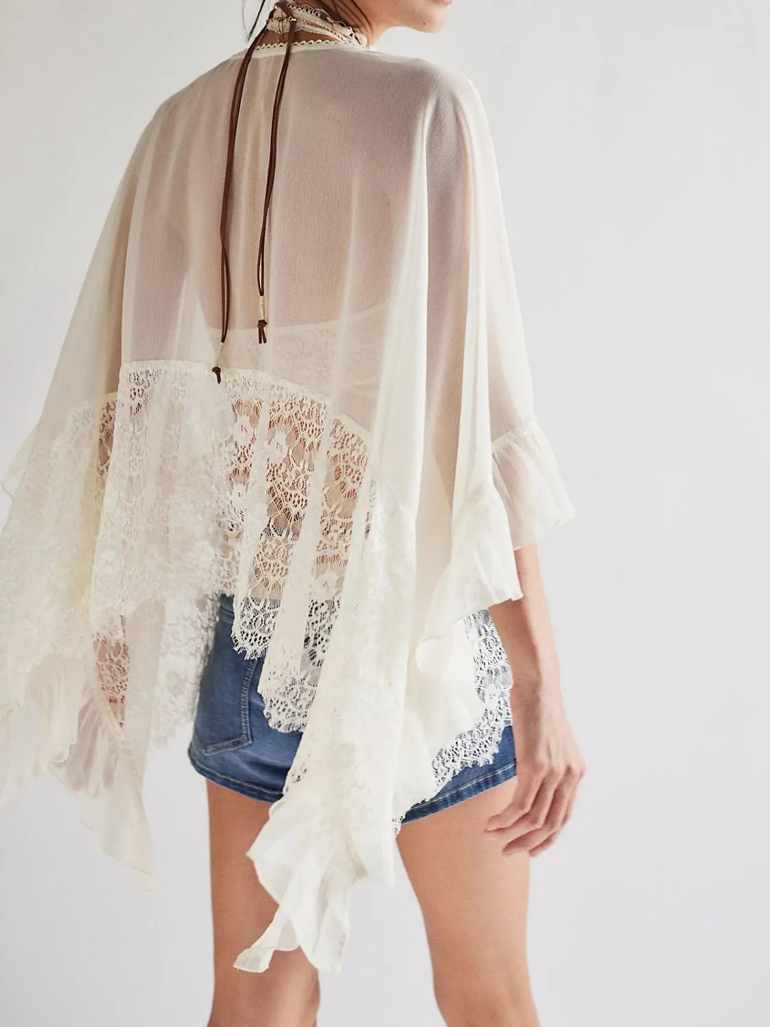 White Lace V-Neck Ruffle Long Sleeve Cover-Up