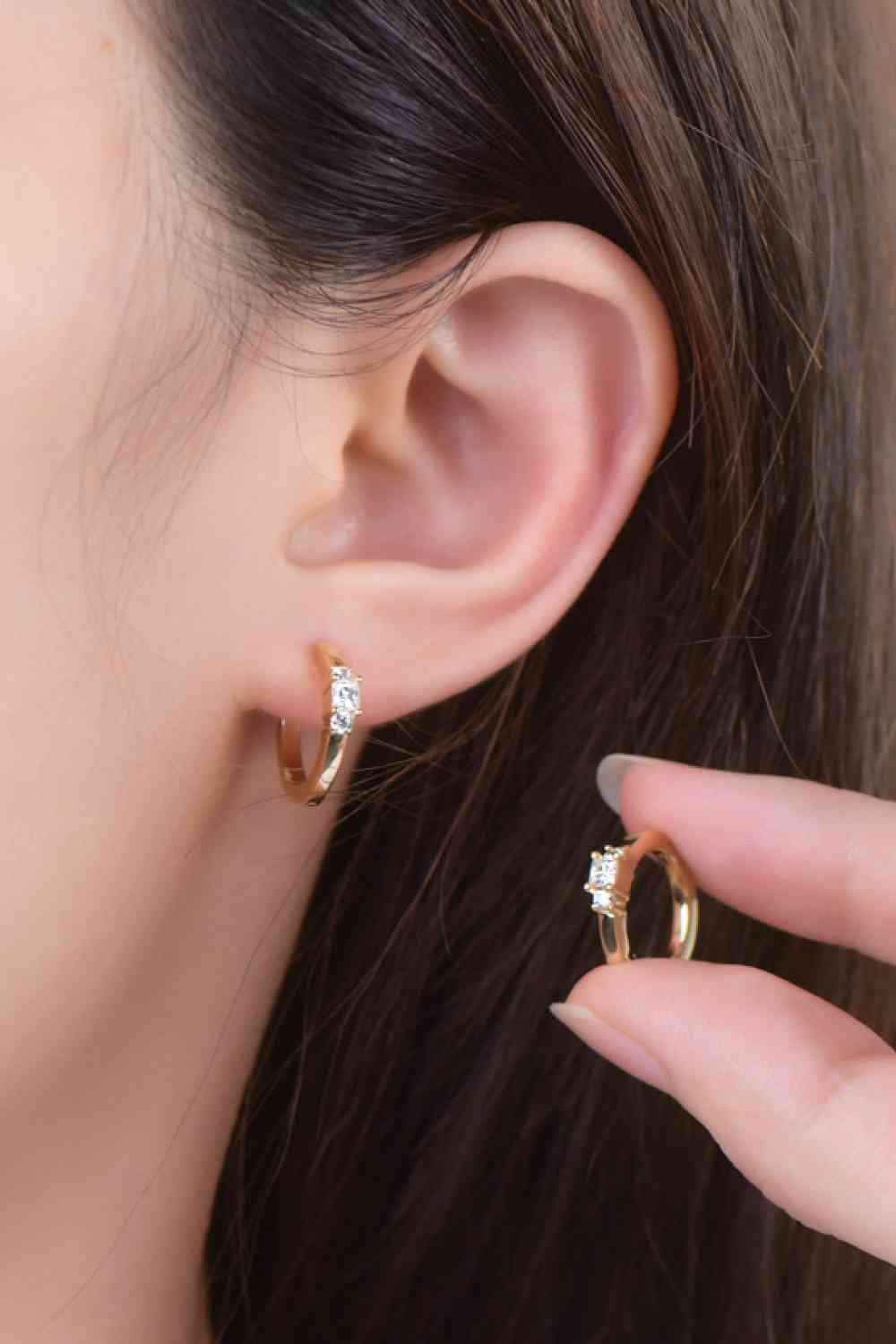 Moissanite 18K Gold- plated Huggie Earrings on ears