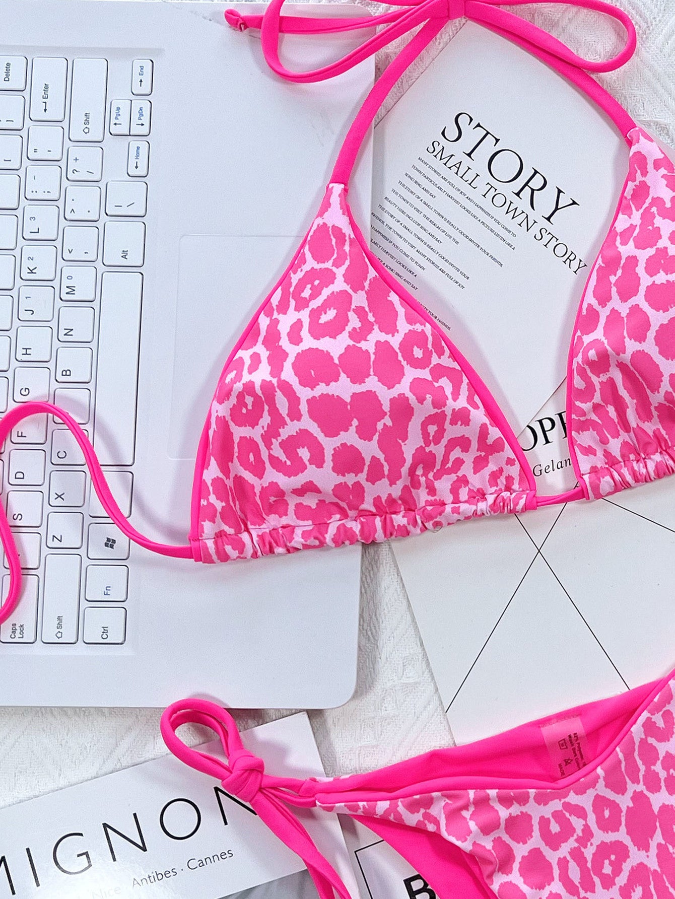 Hot Pink Leopard Print Halter Neck Tie Side Bikini Set