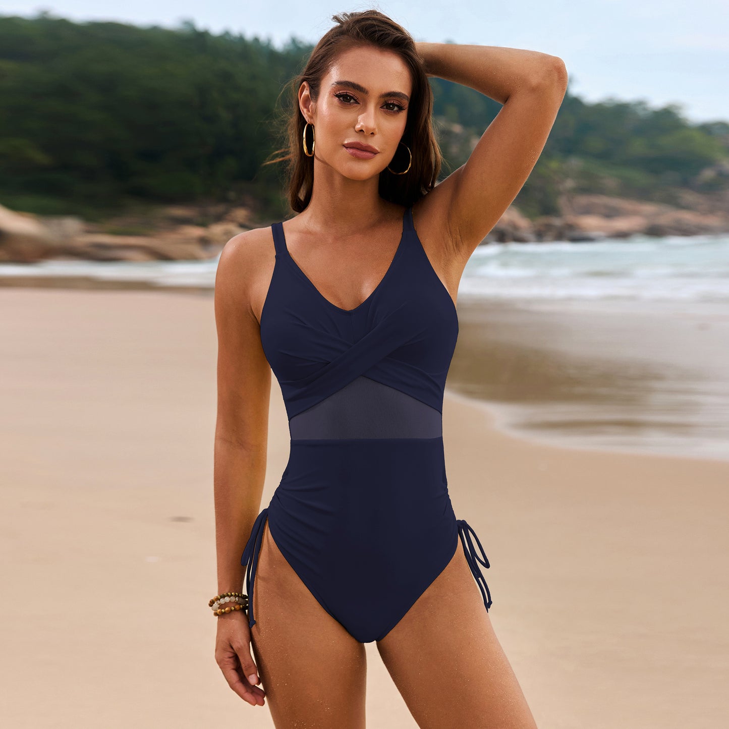 Dark Navy Drawstring Ruched V-Neck One-Piece Swimwear