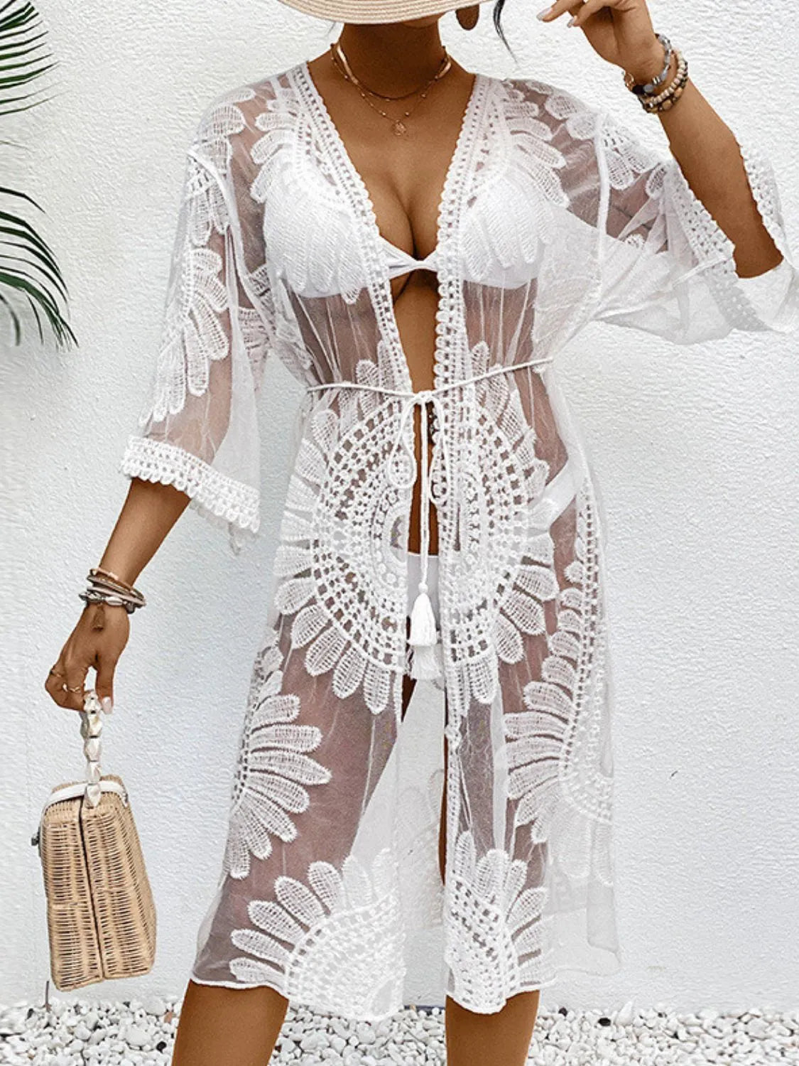 White Lace Open Front Longline Cover-Up
