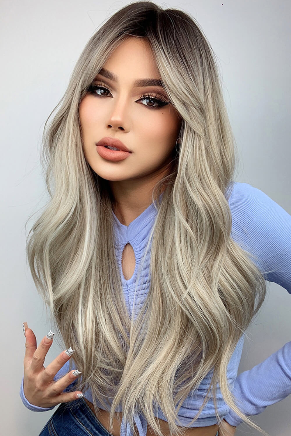 Ash Blonde Balayage Full Machine Long Wave Wigs 26''