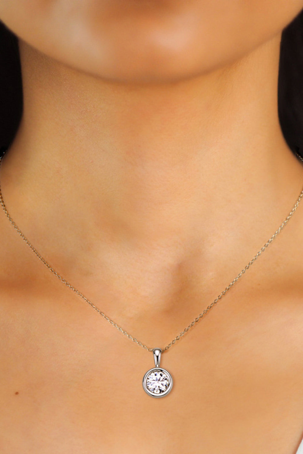 2 Carat Moissanite Sterling Silver Necklace around neck