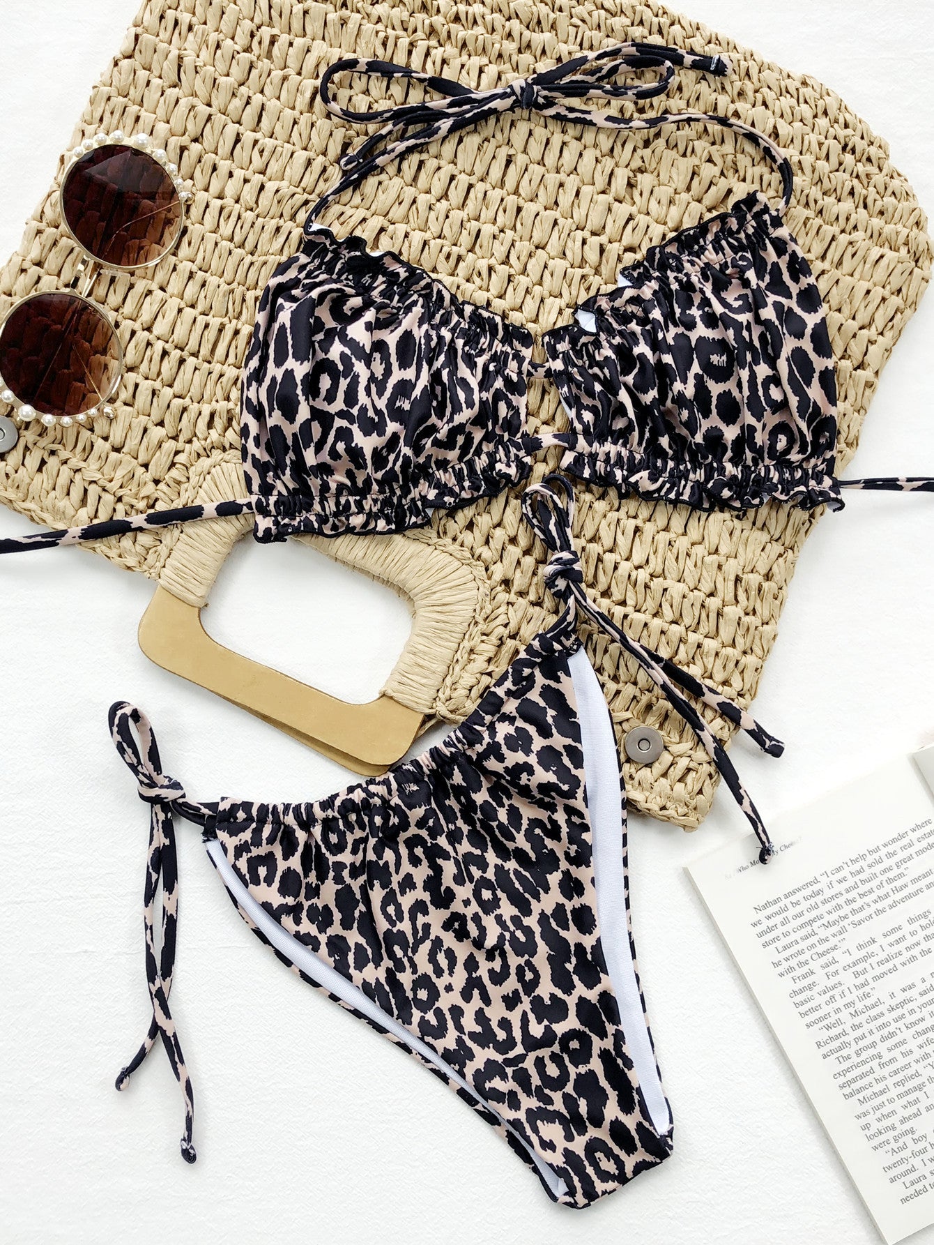 Leopard Frill Trill Halter Neck Bikini Set
