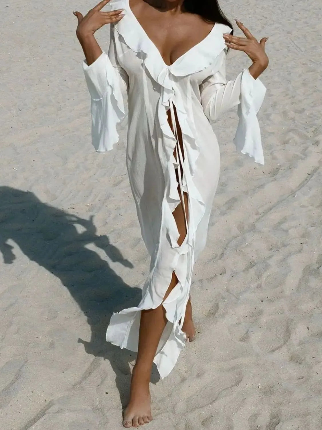 White Ruffled Long Sleeve Cover-Up Dress