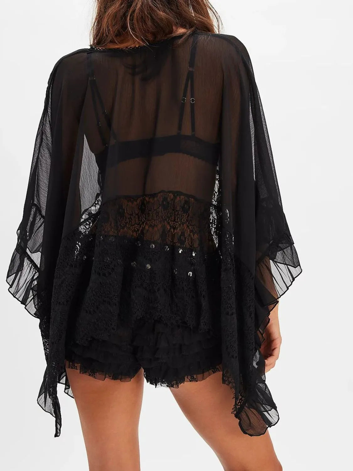 Black Lace V-Neck Ruffle Long Sleeve Cover-Up