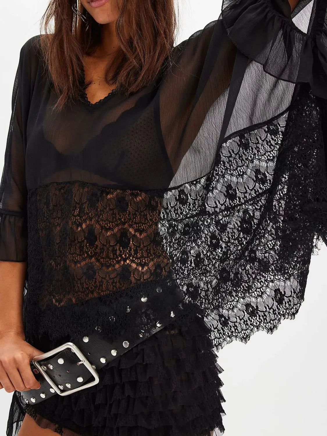 Black Lace V-Neck Ruffle Long Sleeve Cover-Up