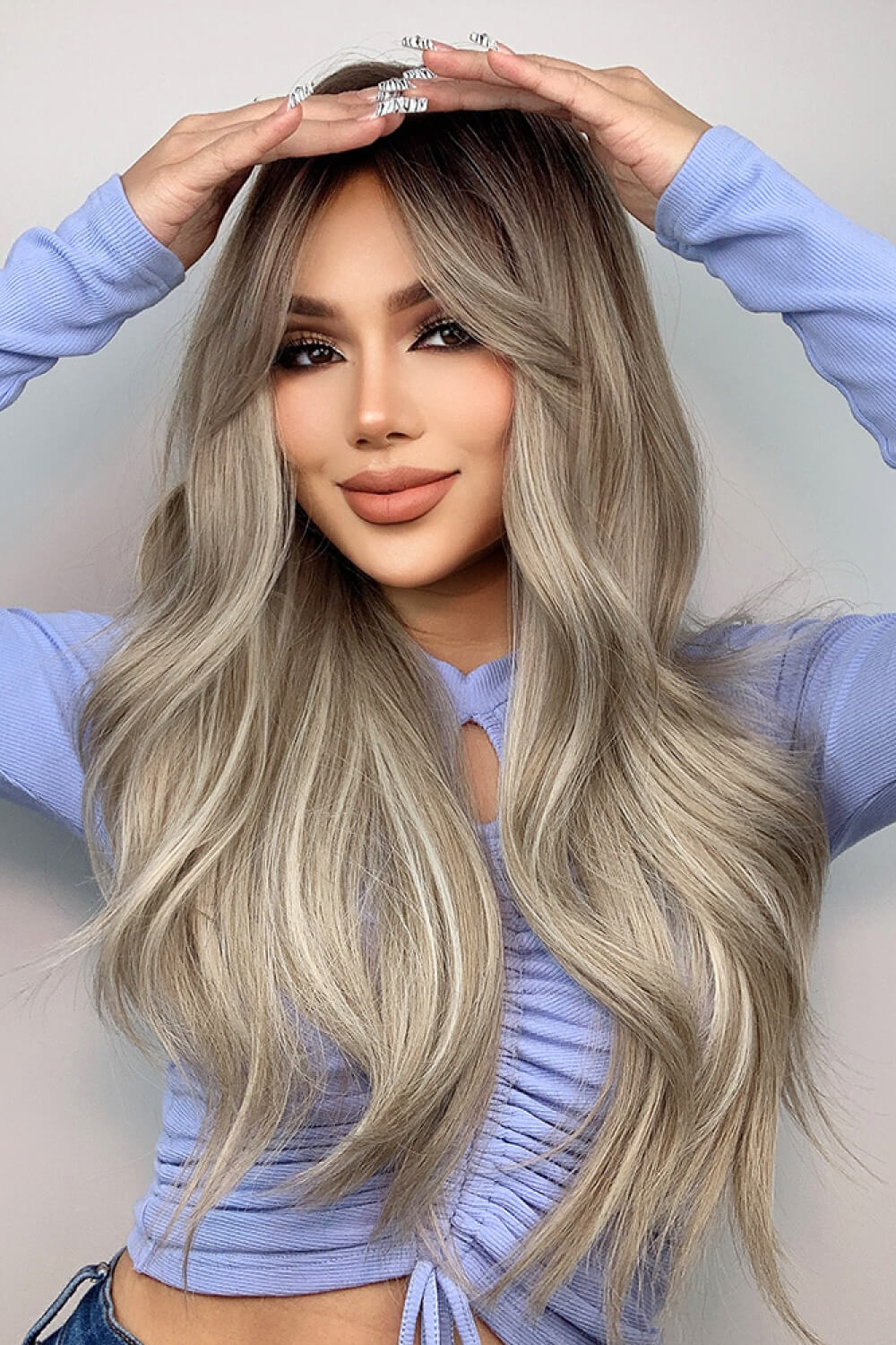 Ash Blonde Balayage Full Machine Long Wave Wigs 26''