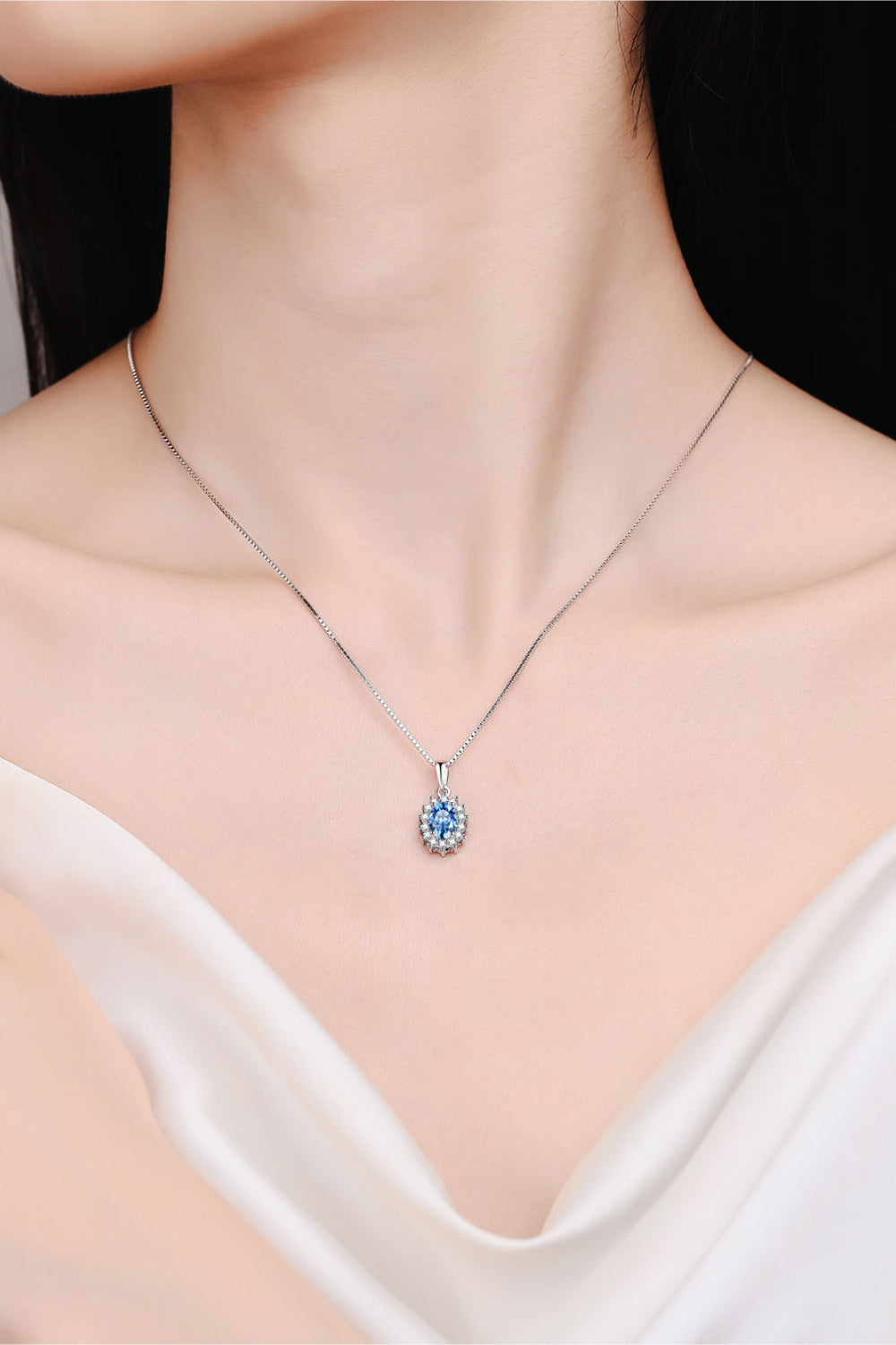 1 Carat Moissanite Sterling Silver Necklace around neck