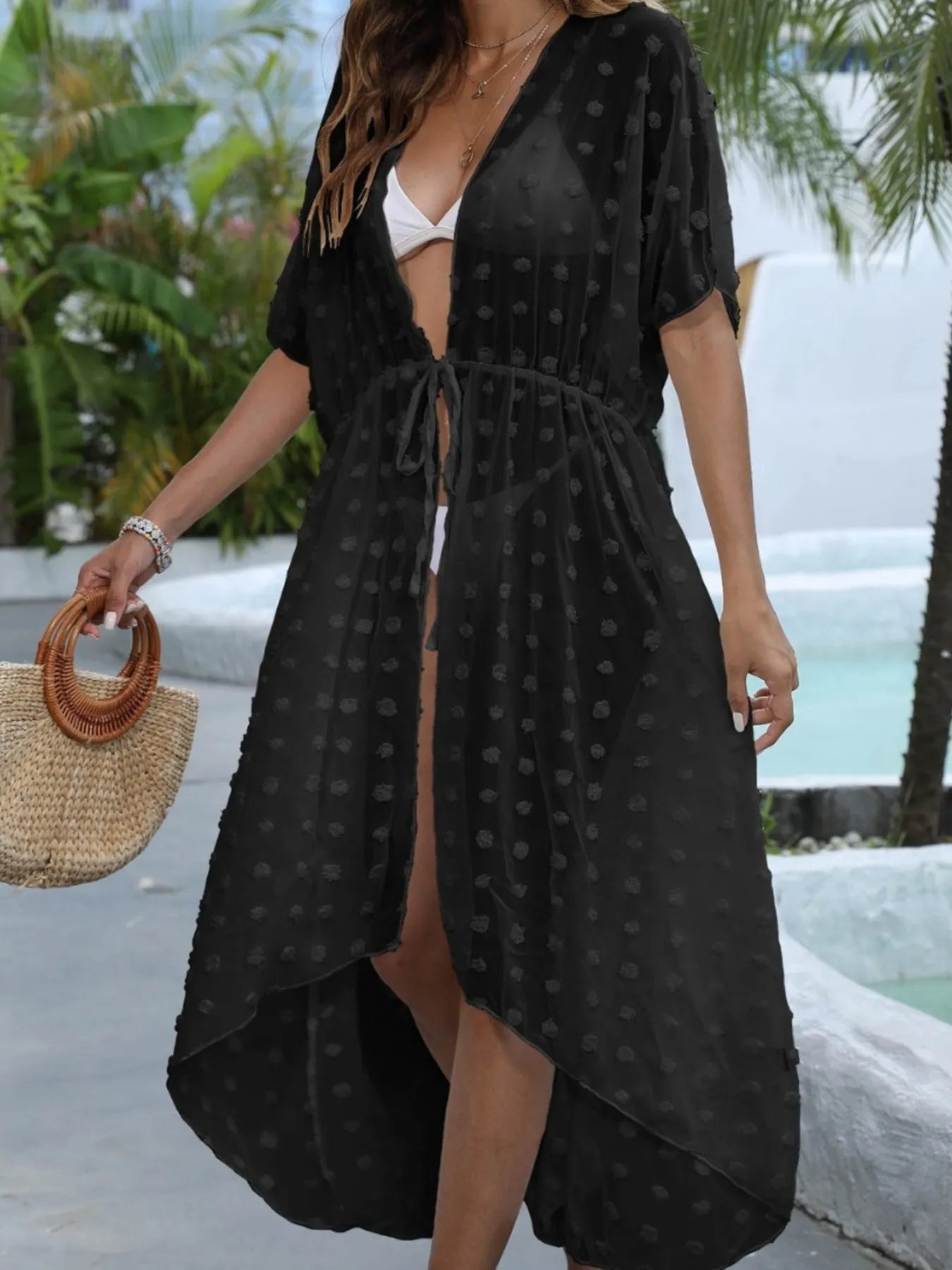 Black Swiss Dot Sheer Beach Cover Up Maxi Dress