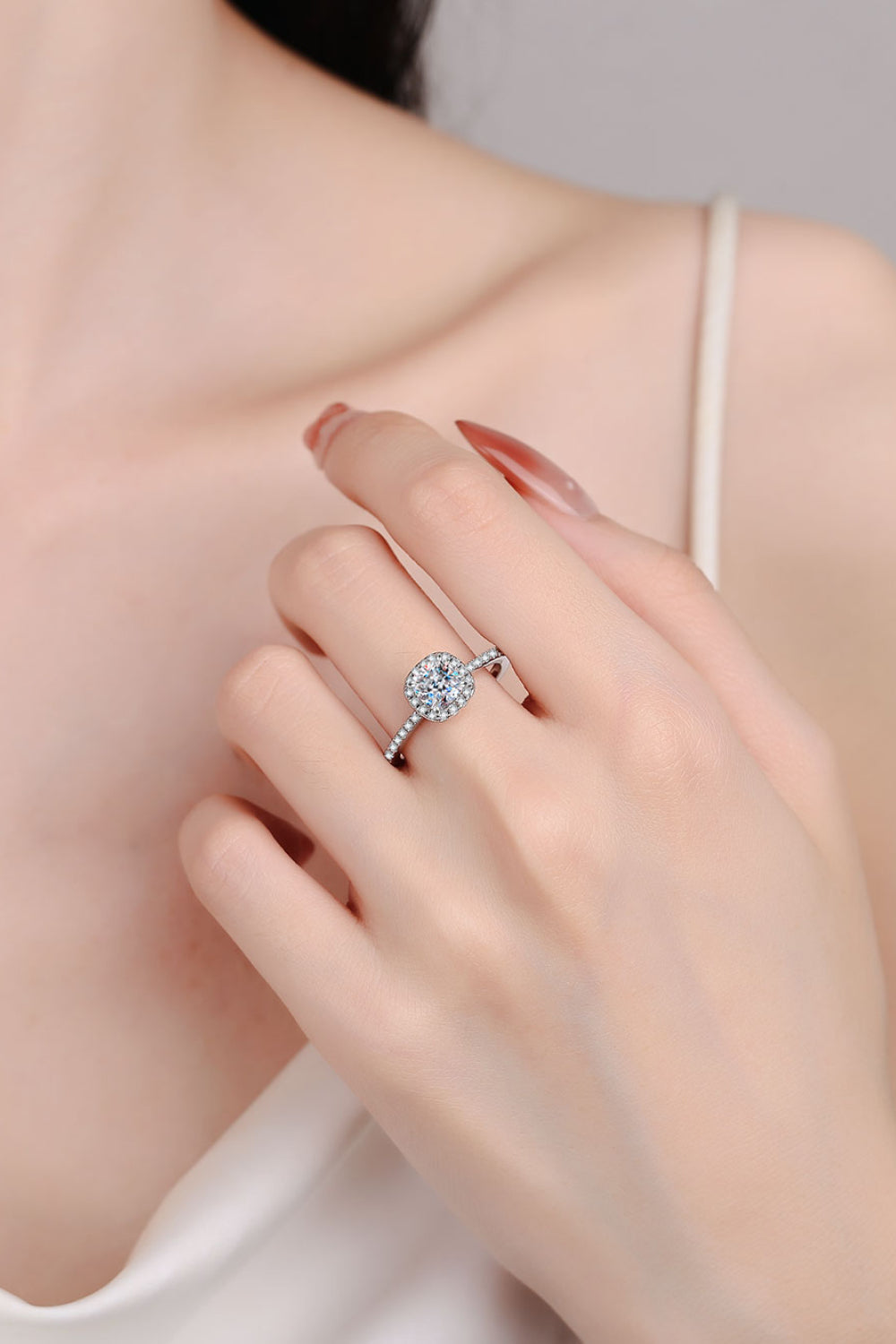 1 Carat Moissanite Sterling Silver Halo Ring on finger