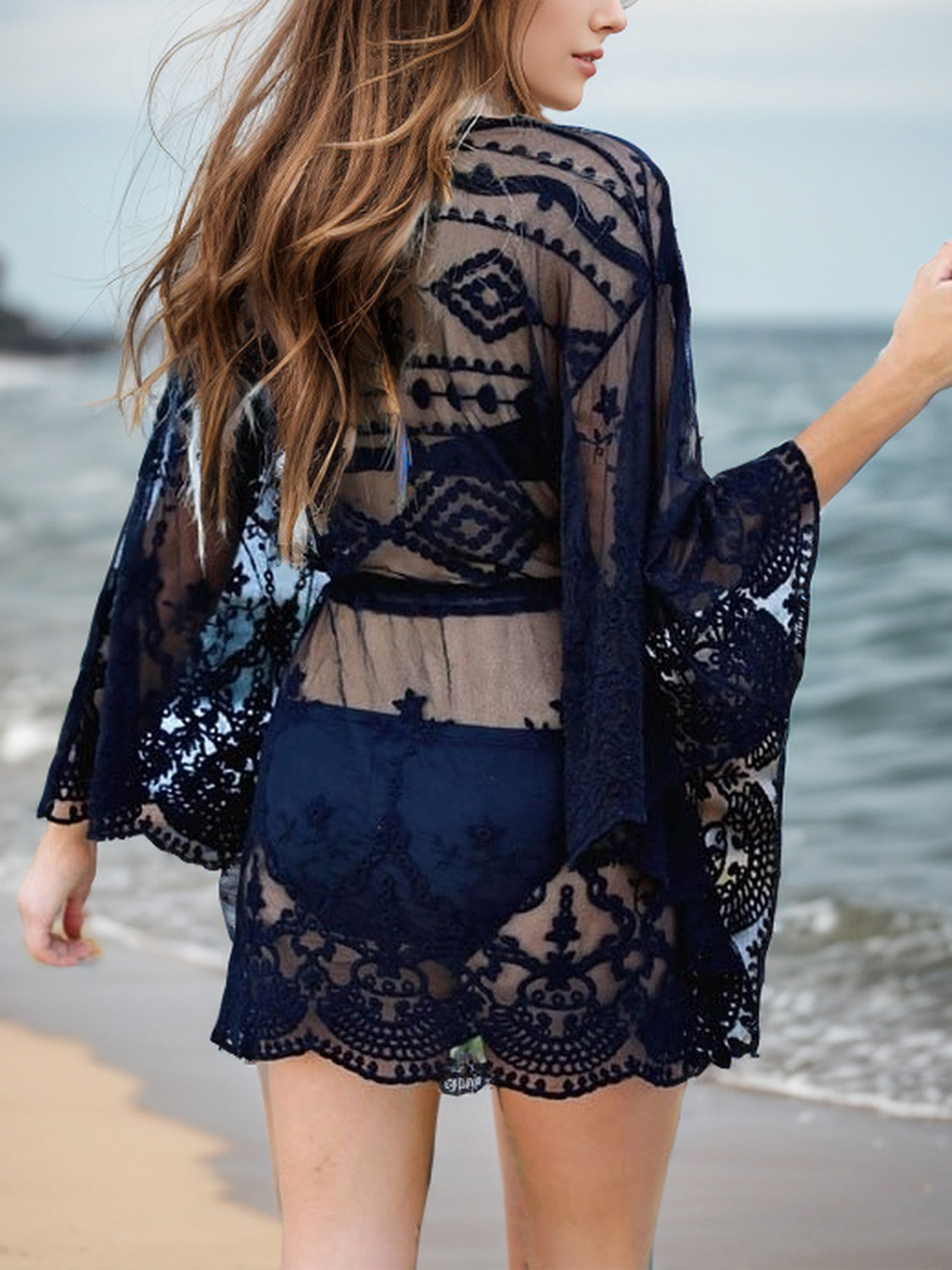 Black Lace V-Neck Three-Quarter Sleeve Cover Up back