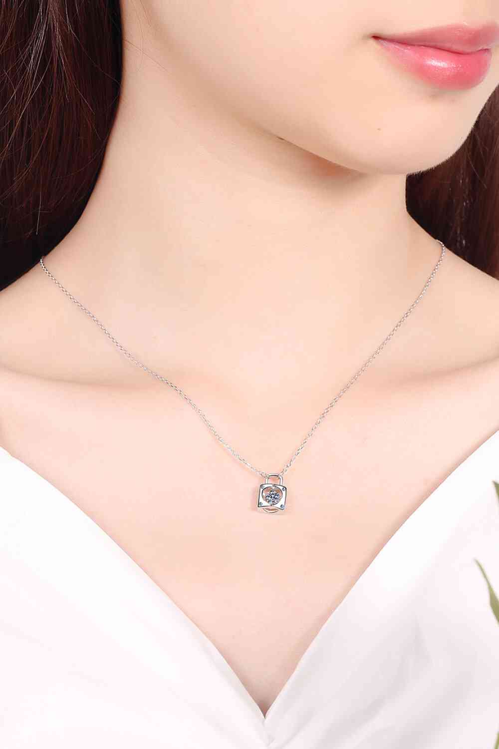 Adored Moissanite Lock Pendant Necklace around neck