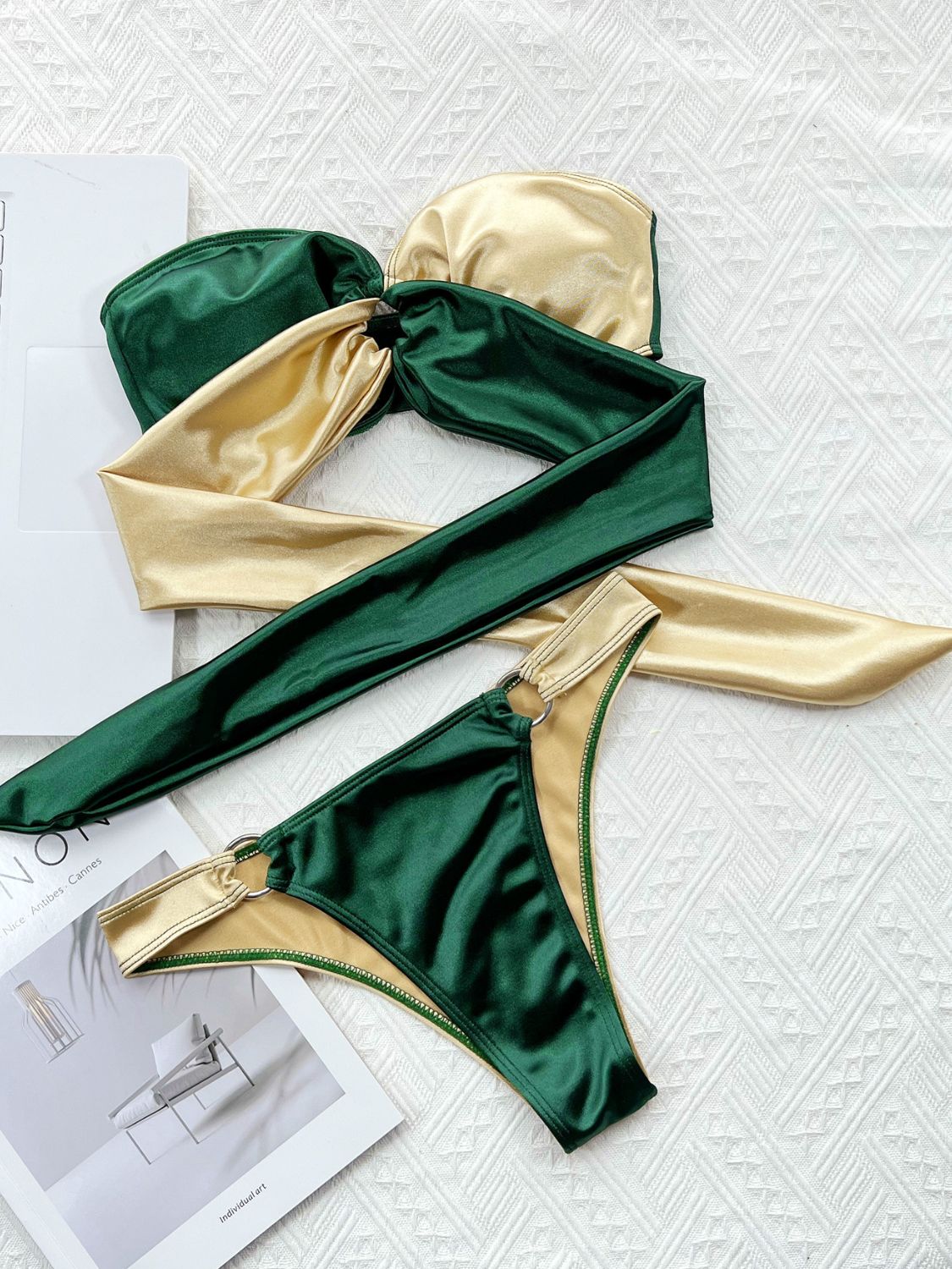 Green Two-Tone Ring Detail Tied Bikini Set