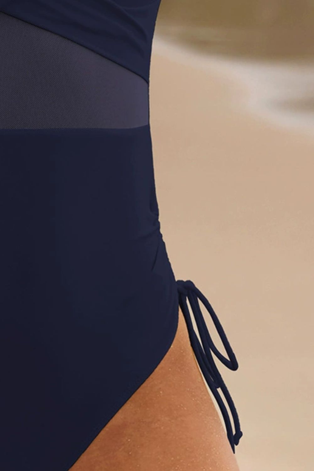 Dark Navy Drawstring Ruched V-Neck One-Piece Swimwear