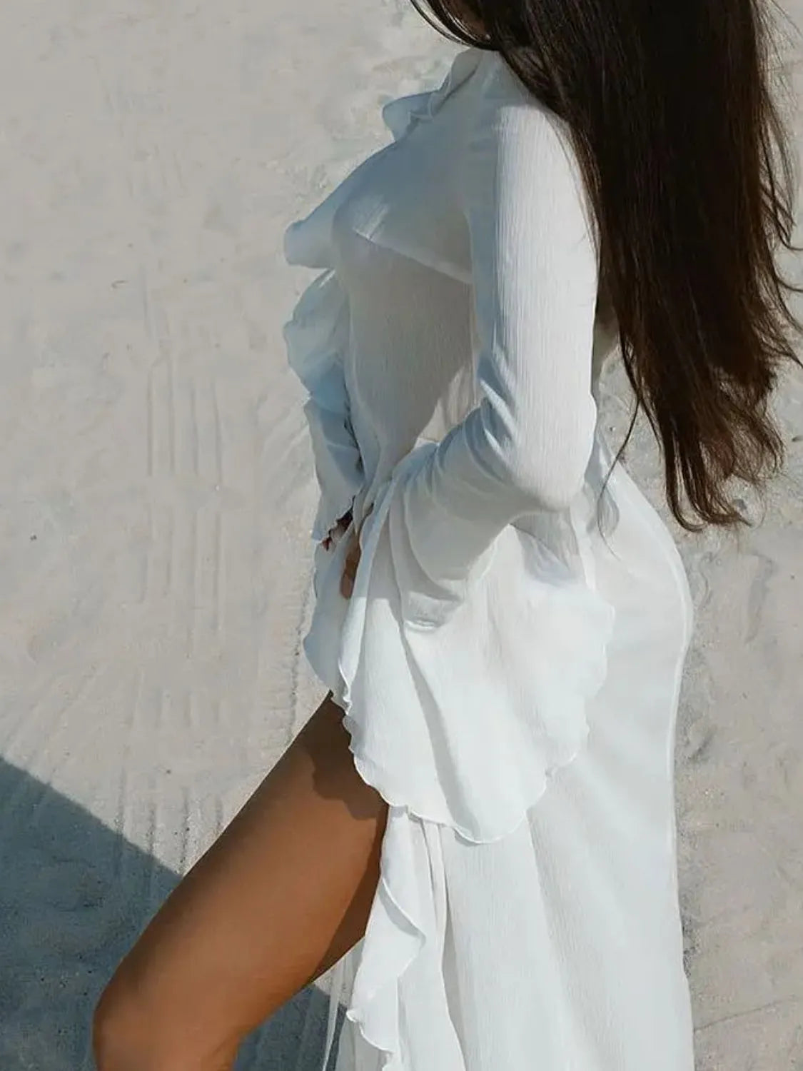 White Ruffled Long Sleeve Cover-Up Dress