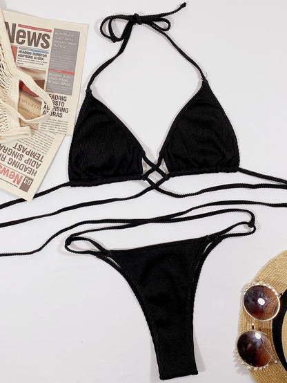 Black Halter Neck Crisscross Ribbed Bikini Set