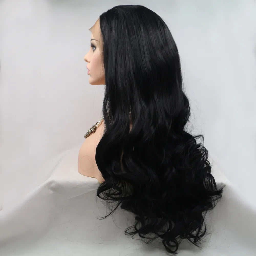 Lovely Long Black Synthetic Wavy Wig 24"