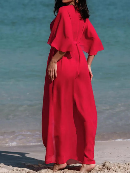 Deep Red Flutter Sleeve Cover-Up