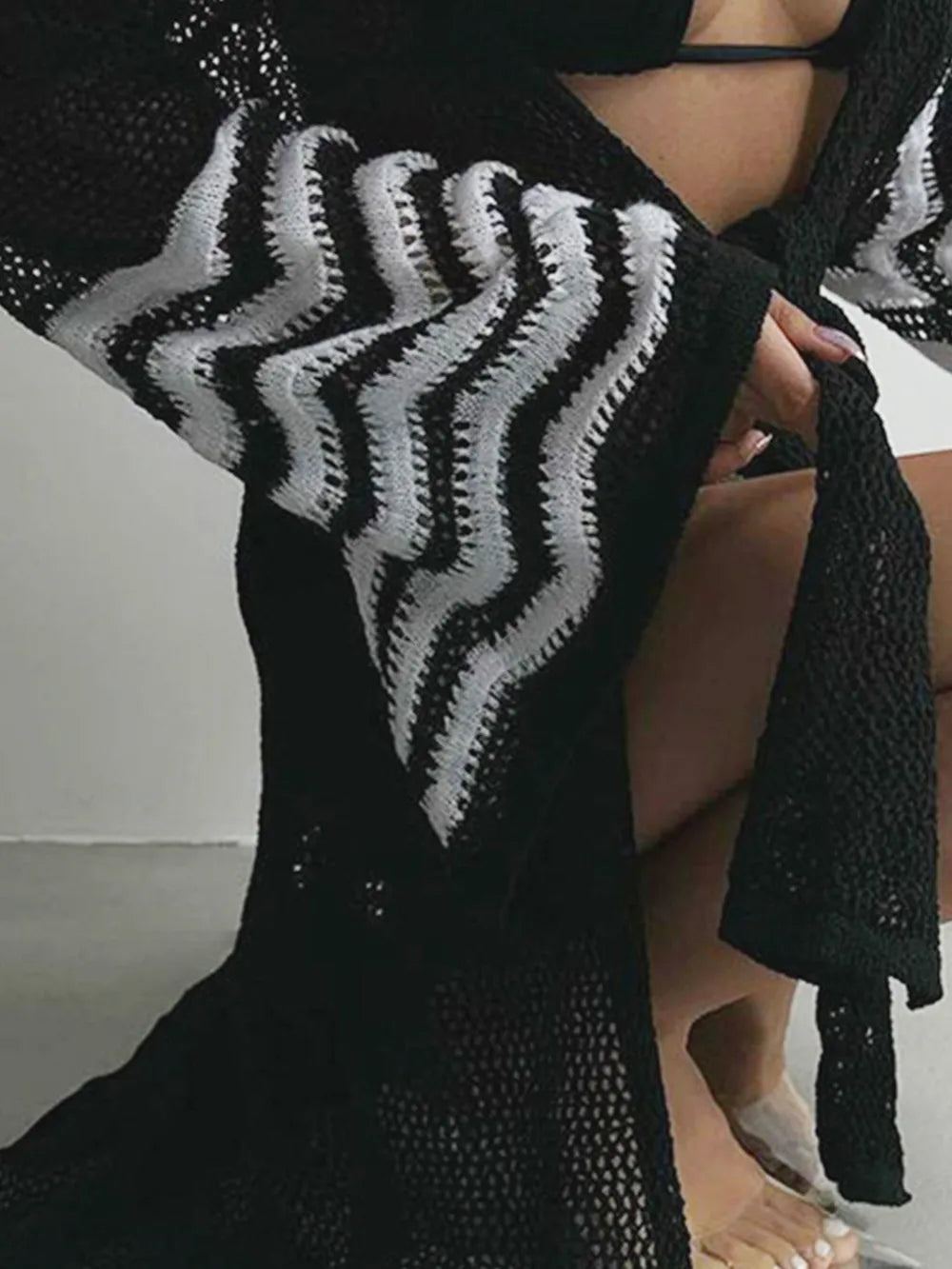 Black Openwork Striped Flare Sleeve Cover-Up