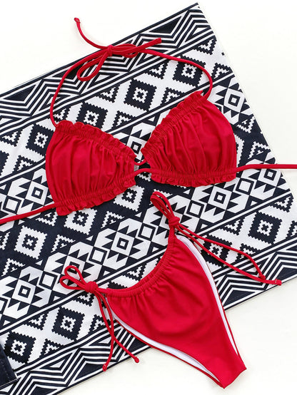Red Frill Trill Halter Neck Bikini Set