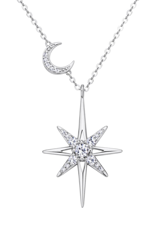 Moissanite Moon and Star Sterling Silver Necklace
