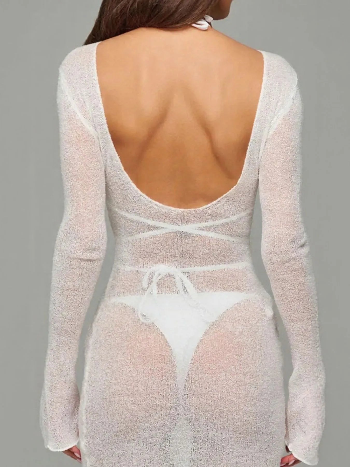 White Sheer Backless Long Sleeve Mini Cover-Up Dress