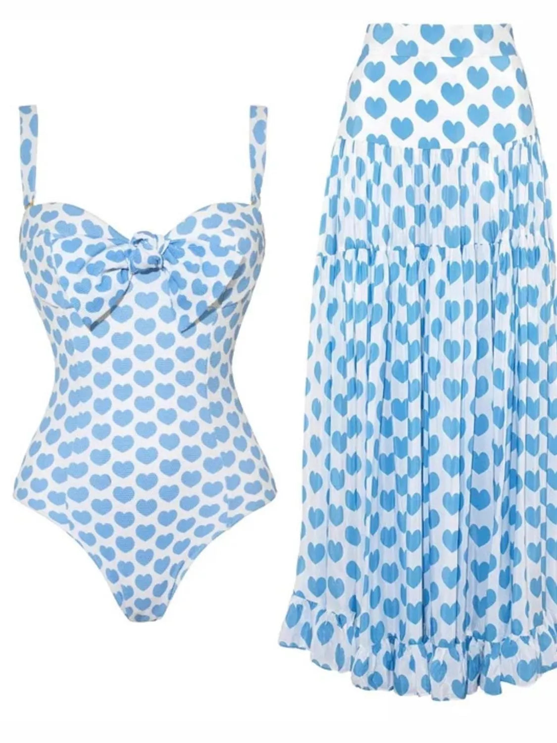 Blue Heart Printed One-Piece Swimwear and Skirt Set