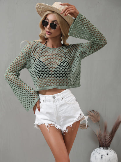 Green Openwork Flare Sleeve Cropped Cover Up